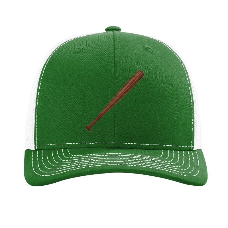 Wood baseball bat patch trucker hat, Cleveland grand slam and walk-off — Kelly Green/White