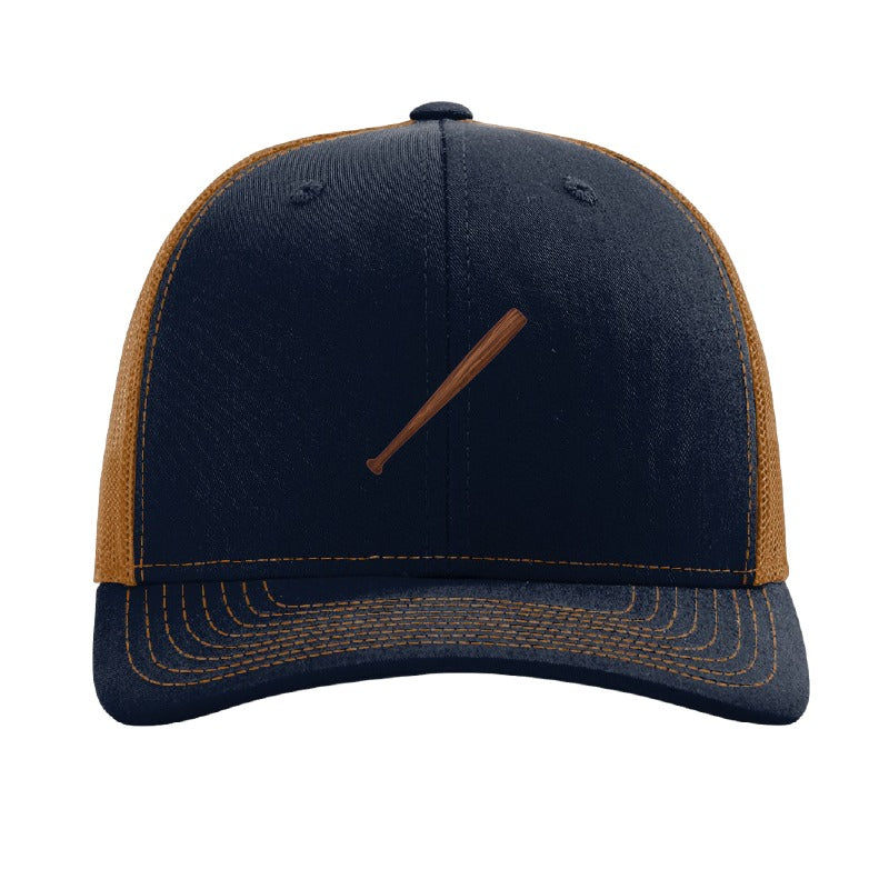 Wood baseball bat patch trucker hat, Cleveland grand slam and walk-off — Navy/Caramel