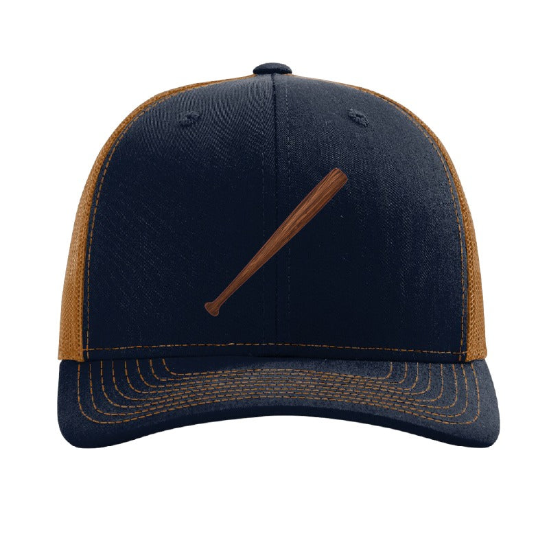 Wood baseball bat patch trucker hat, Cleveland grand slam and walk-off — Navy/Caramel