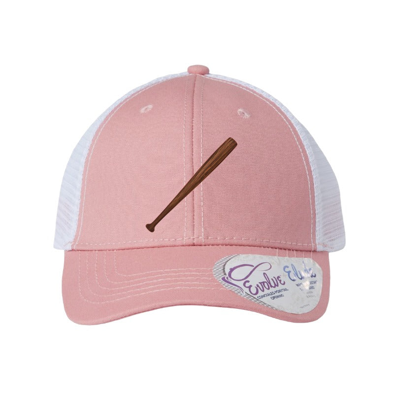 Wood baseball bat patch trucker hat, Cleveland grand slam and walk-off — Dusty Rose/White (Ponytail)