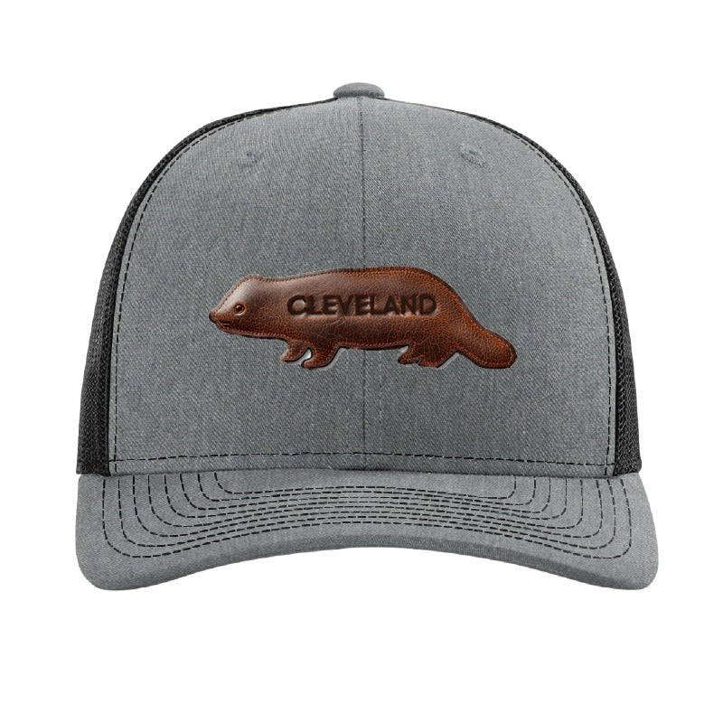 Leather fisher patch trucker hat, Cleveland — Heather Grey/Black