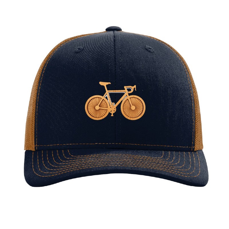 Wood bicycle patch trucker hat, Cleveland Lakefront Trail — Navy/Caramel