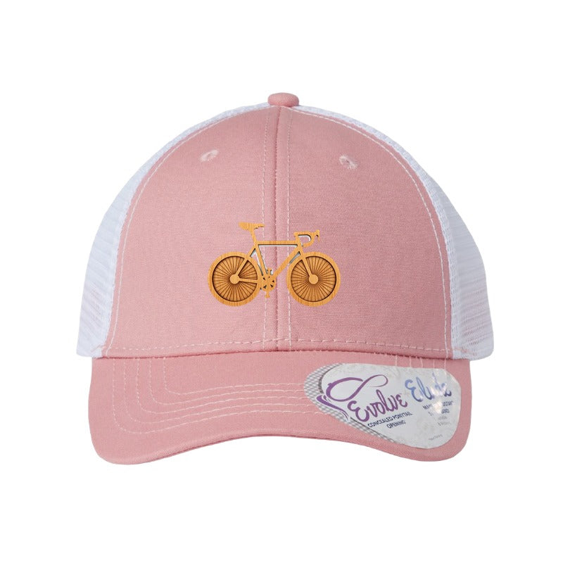 Wood bicycle patch trucker hat, Cleveland Lakefront Trail — Dusty Rose/White (Ponytail)