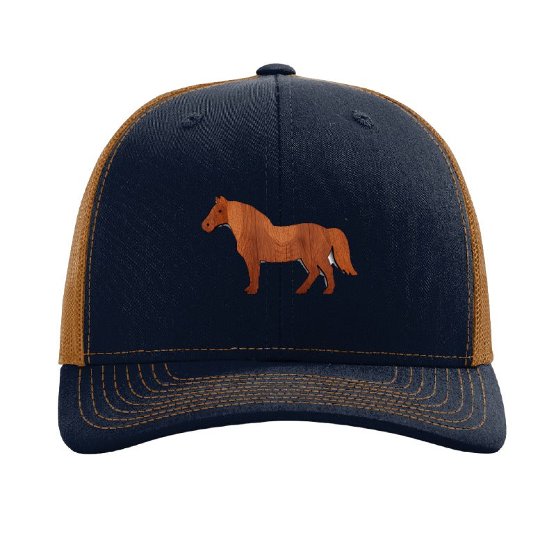 Wood horse patch trucker hat, Cleveland mounted unit — Navy/Caramel