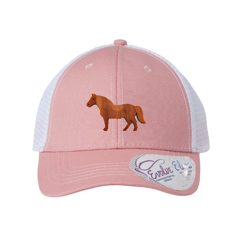 Wood horse patch trucker hat, Cleveland mounted unit — Dusty Rose/White Ponytail