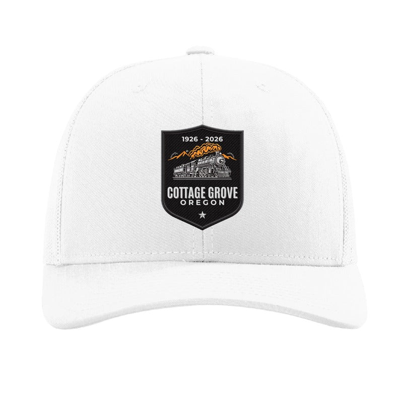 Carbon fiber train and trestle patch trucker hat, Cottage Grove 1926 — White