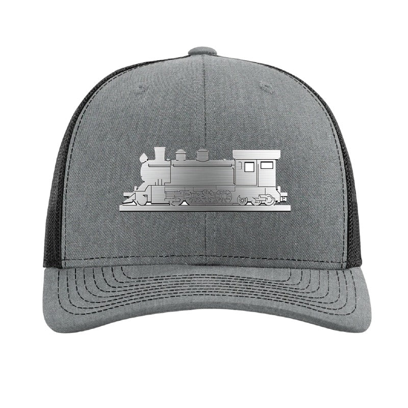 Metal steam train patch trucker hat, Cottage Grove Oregon — Heather Grey/Black