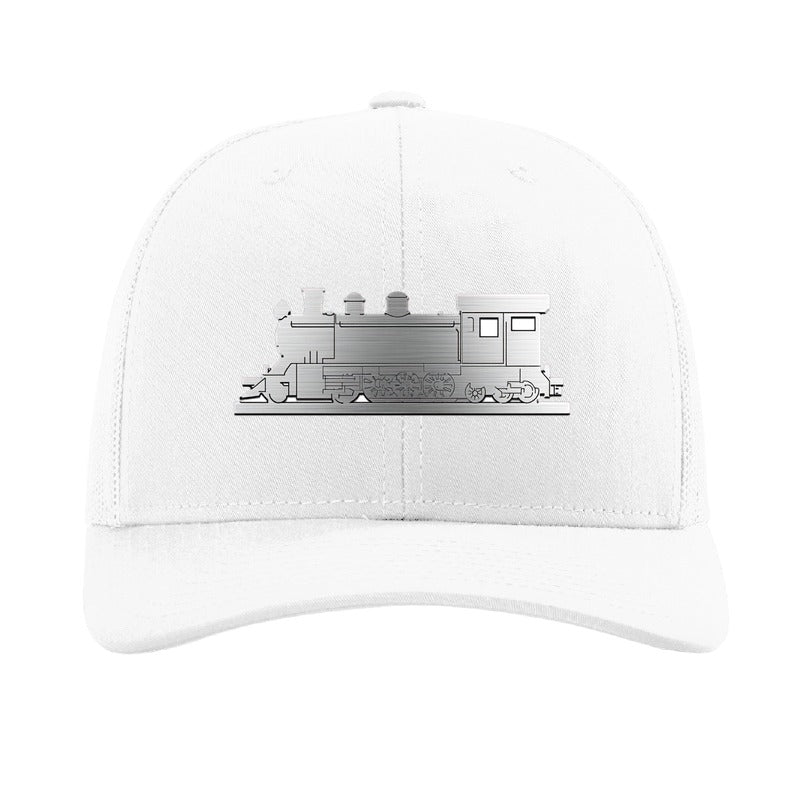 Metal steam train patch trucker hat, Cottage Grove Oregon — White