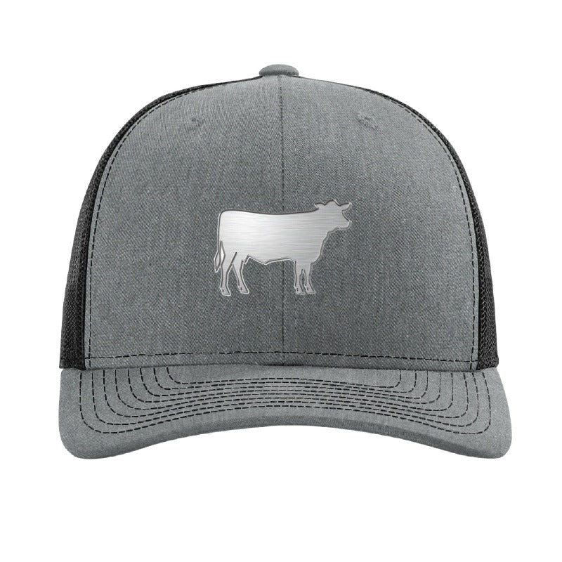 Steel cow patch trucker hat, Des Moines Iowa — Heather Grey/Black