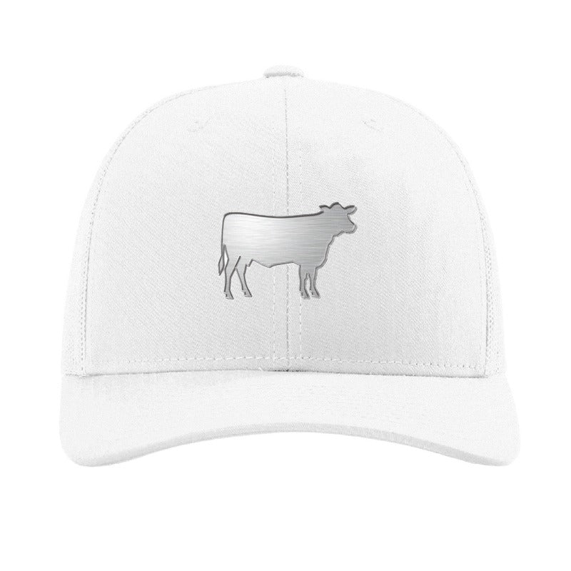 Steel cow patch trucker hat, Des Moines Iowa — White