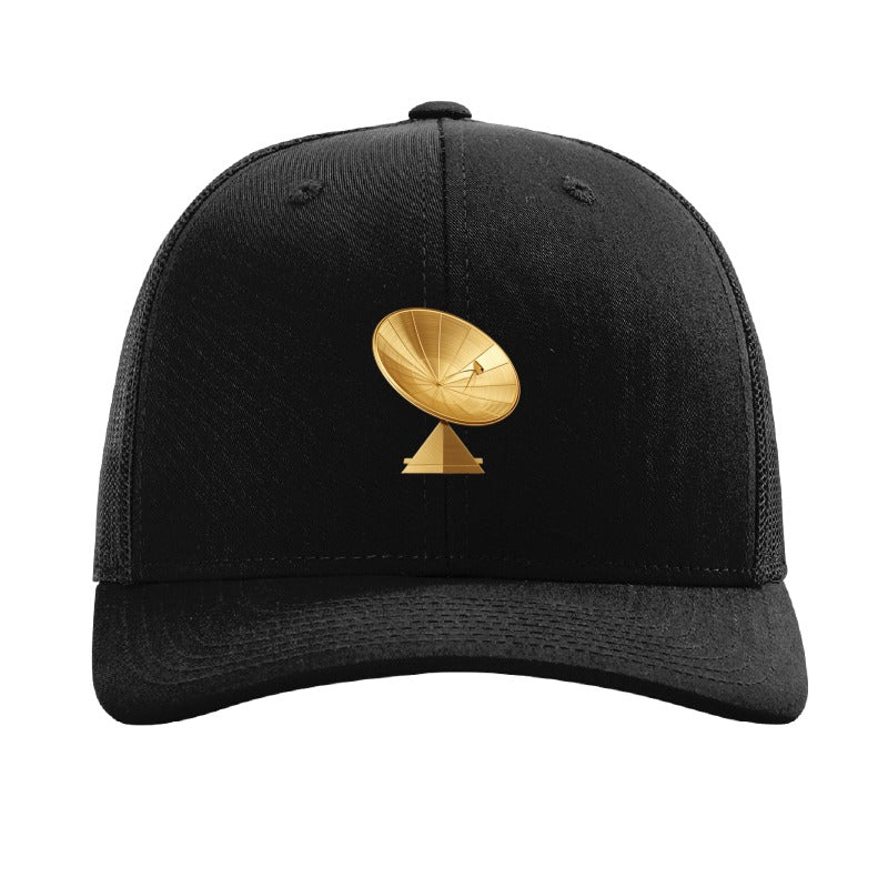Gold dish antenna patch trucker hat, Goldstone California — Black