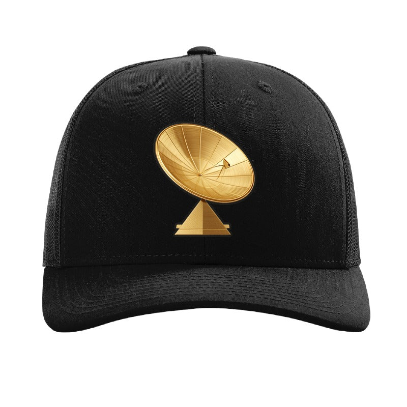 Gold dish antenna patch trucker hat, Goldstone California — Black
