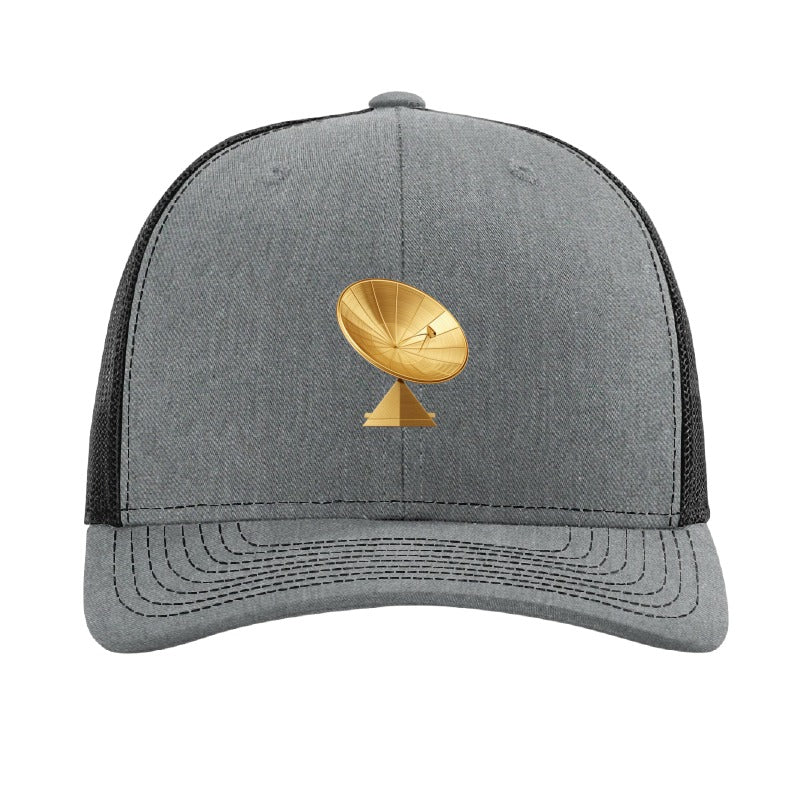 Gold dish antenna patch trucker hat, Goldstone California — Heather Grey/Black