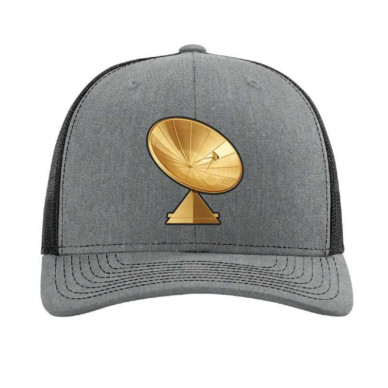 Gold dish antenna patch trucker hat, Goldstone California — Heather Grey/Black