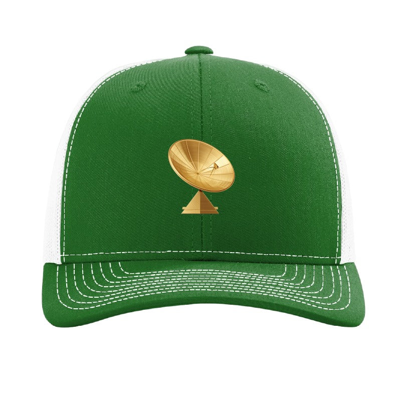 Gold dish antenna patch trucker hat, Goldstone California — Kelly Green/White