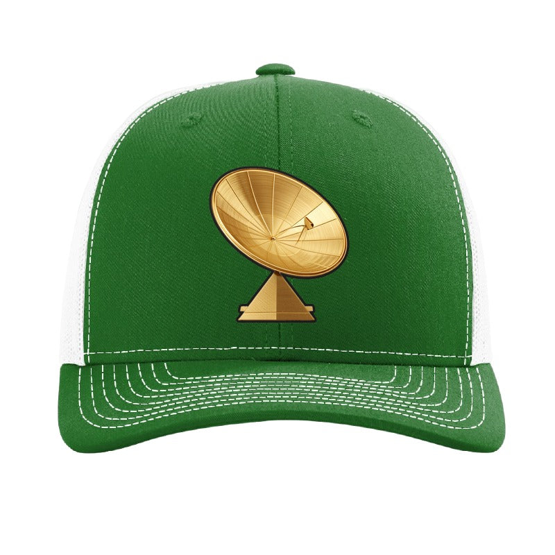 Gold dish antenna patch trucker hat, Goldstone California — Kelly Green/White
