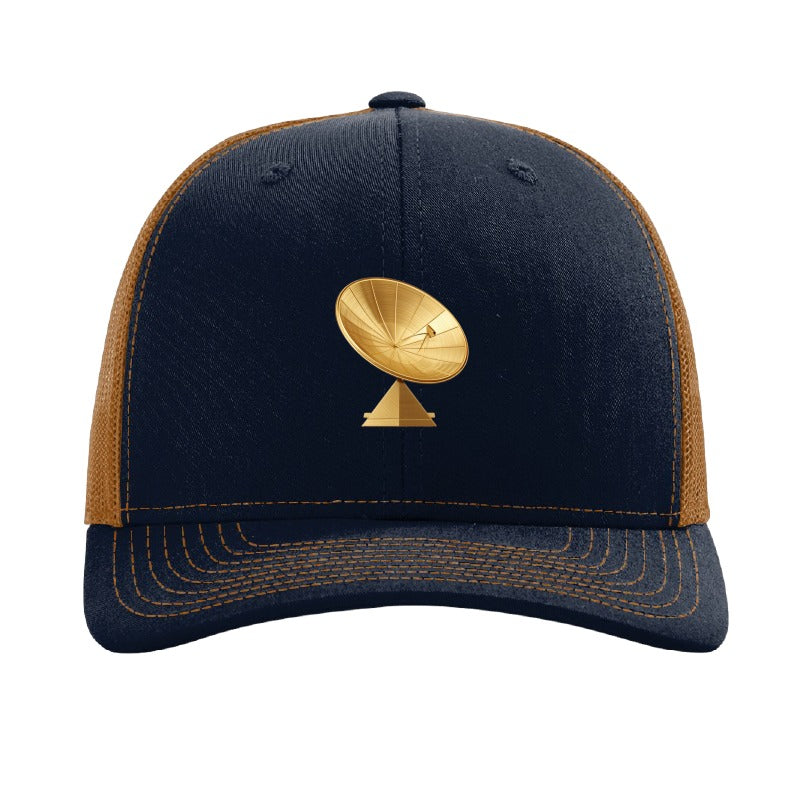 Gold dish antenna patch trucker hat, Goldstone California — Navy/Caramel