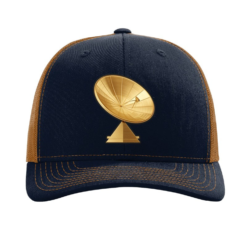 Gold dish antenna patch trucker hat, Goldstone California — Navy/Caramel
