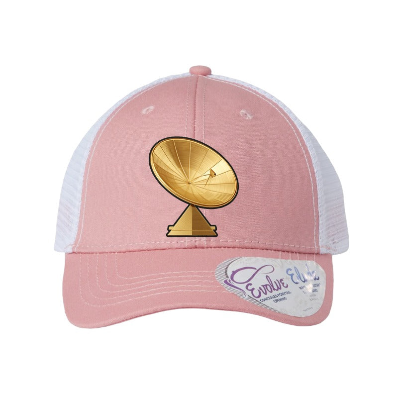 Gold dish antenna patch trucker hat, Goldstone California — Dusty Rose/White (Ponytail)