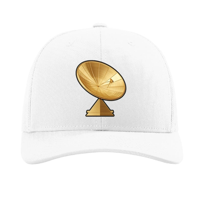 Gold dish antenna patch trucker hat, Goldstone California — White
