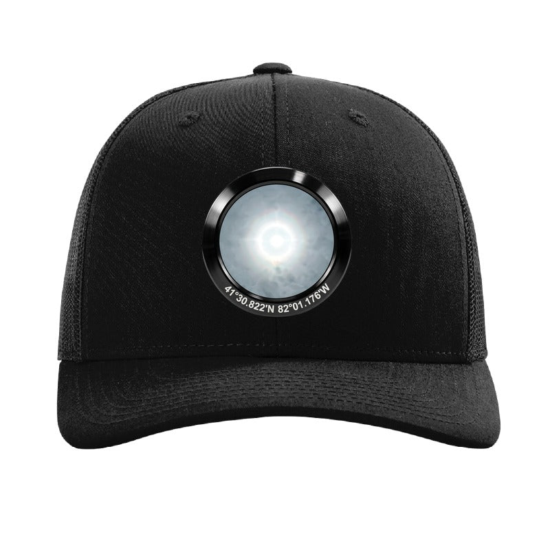 Black anodized aluminum harvest moon patch trucker hat, Avon Lake Ohio - Black