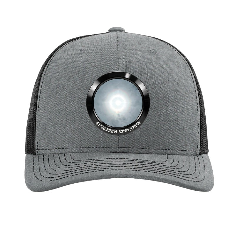 Black anodized aluminum harvest moon patch trucker hat, Avon Lake Ohio - Heather Grey/Black