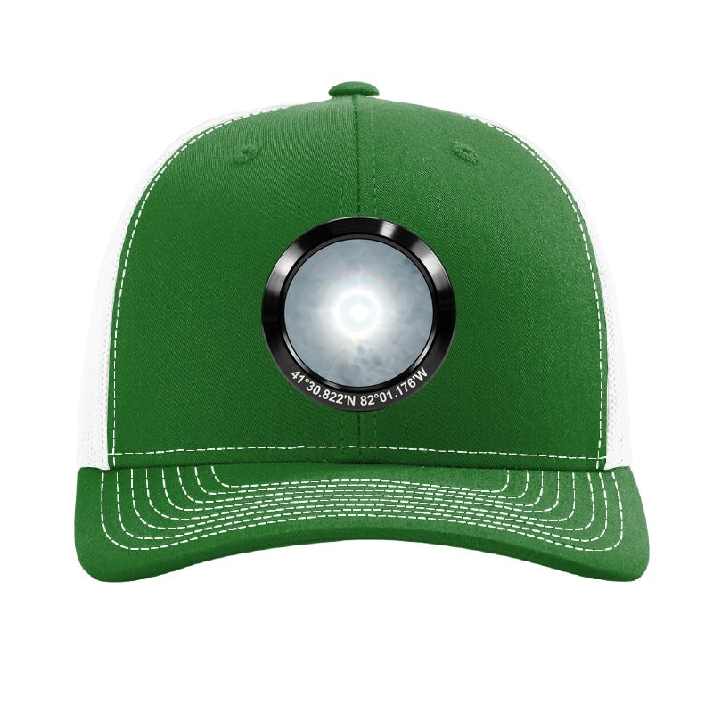 Black anodized aluminum harvest moon patch trucker hat, Avon Lake Ohio - Kelly/White