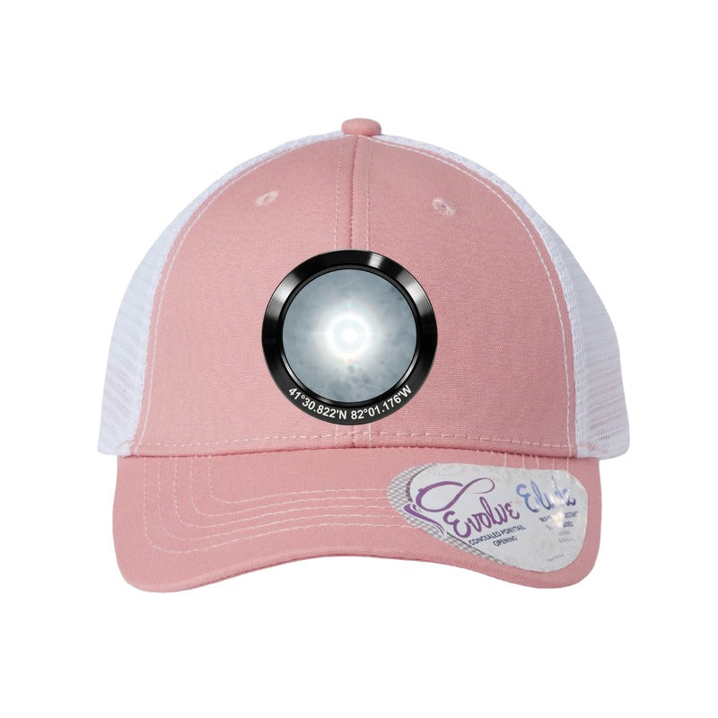 Black anodized aluminum harvest moon patch trucker hat, Avon Lake Ohio - Dusty Rose/White Ponytail