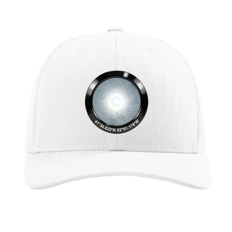 Black anodized aluminum harvest moon patch trucker hat, Avon Lake Ohio - White