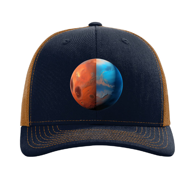 Brushed aluminum Mars planet patch trucker hat, Jezero Crater - Navy/Caramel