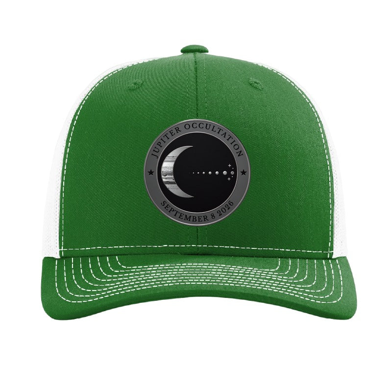 Steel Moon and Jupiter patch trucker hat, September 8 2026 occultation — Kelly Green/White