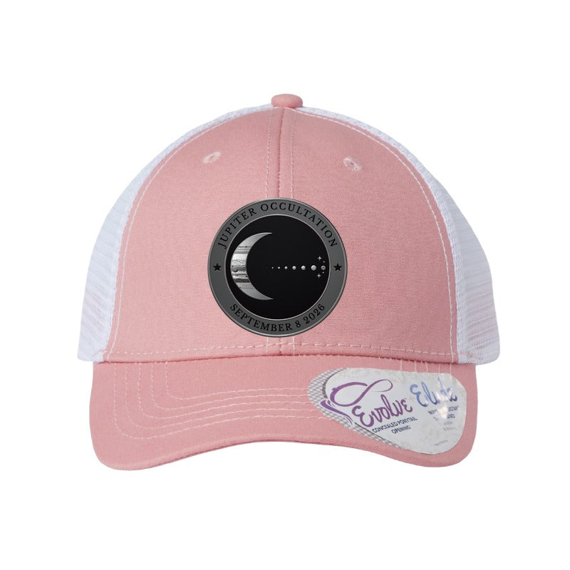 Steel Moon and Jupiter patch trucker hat, September 8 2026 occultation — Dusty Rose/White (Ponytail)
