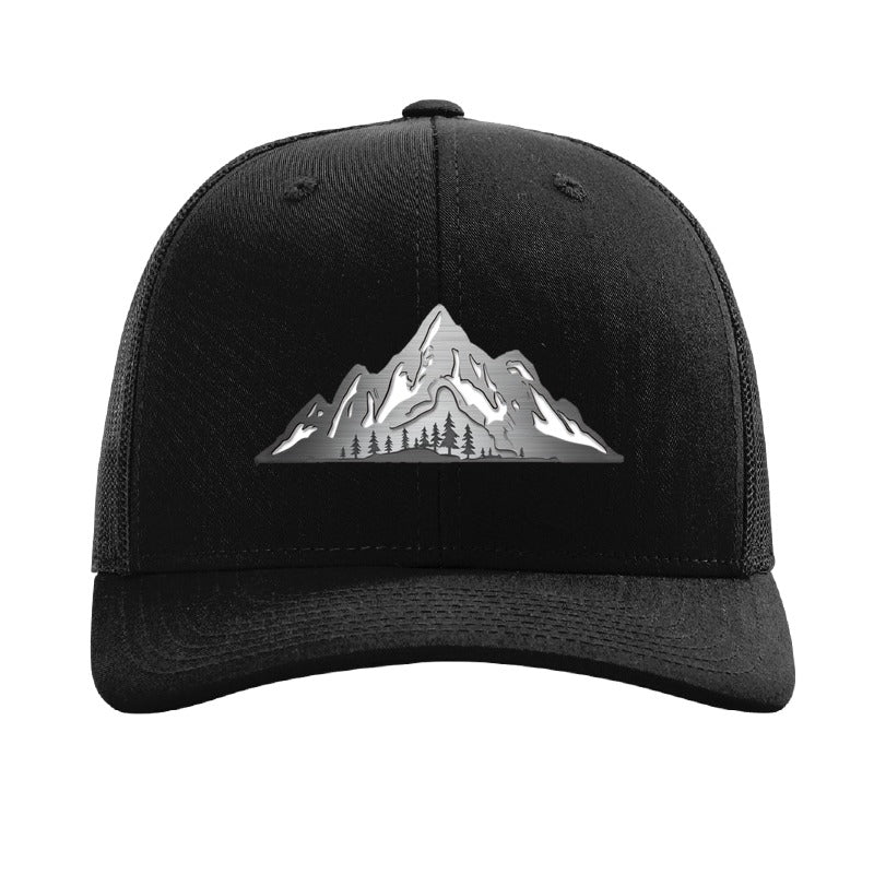 Metal mountain range patch trucker hat, Katahdin Maine — Black