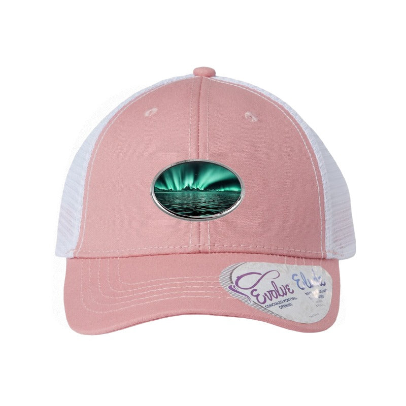 Lake Superior Aurora Trucker Hat — Dusty Rose/White (Ponytail)