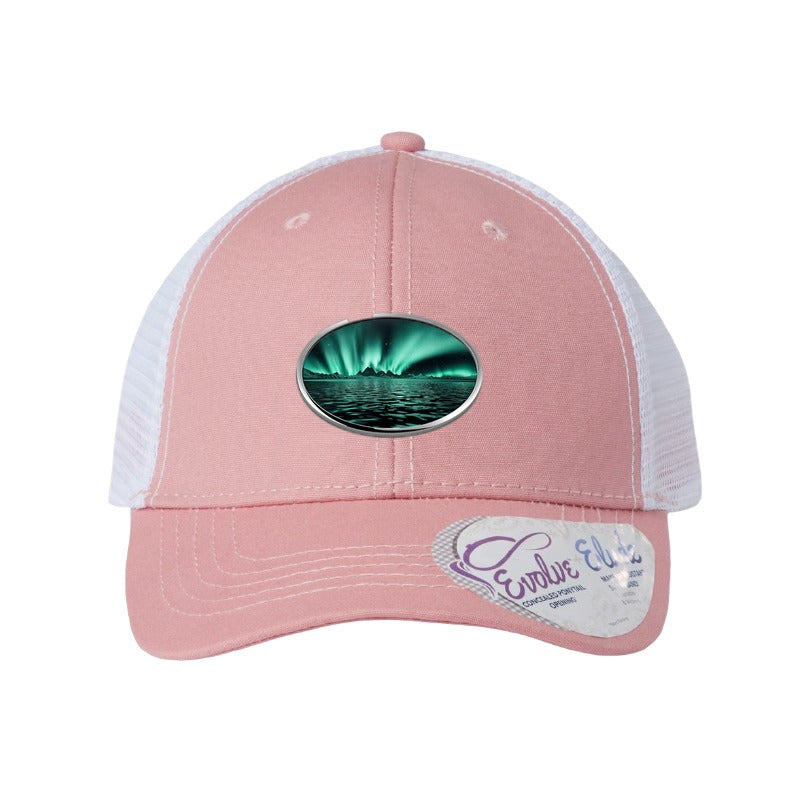 Lake Superior Aurora Trucker Hat — Dusty Rose/White (Ponytail)
