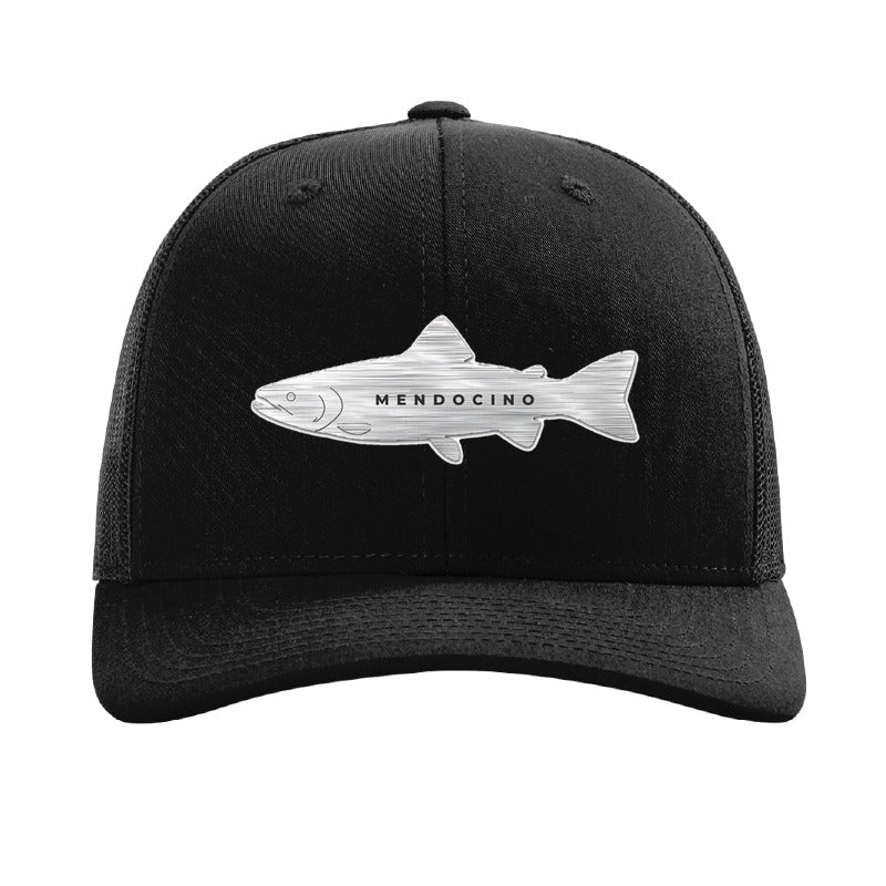 Metal salmon patch trucker hat, Mendocino coho run — Black