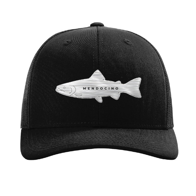 Metal salmon patch trucker hat, Mendocino coho run — Black