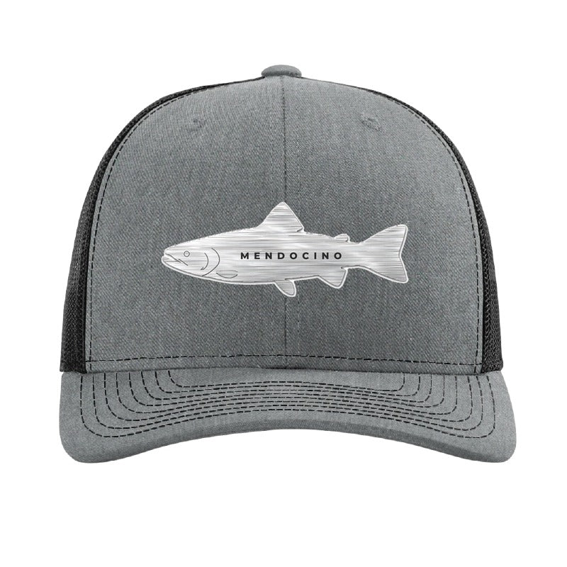 Metal salmon patch trucker hat, Mendocino coho run — Heather Grey/Black