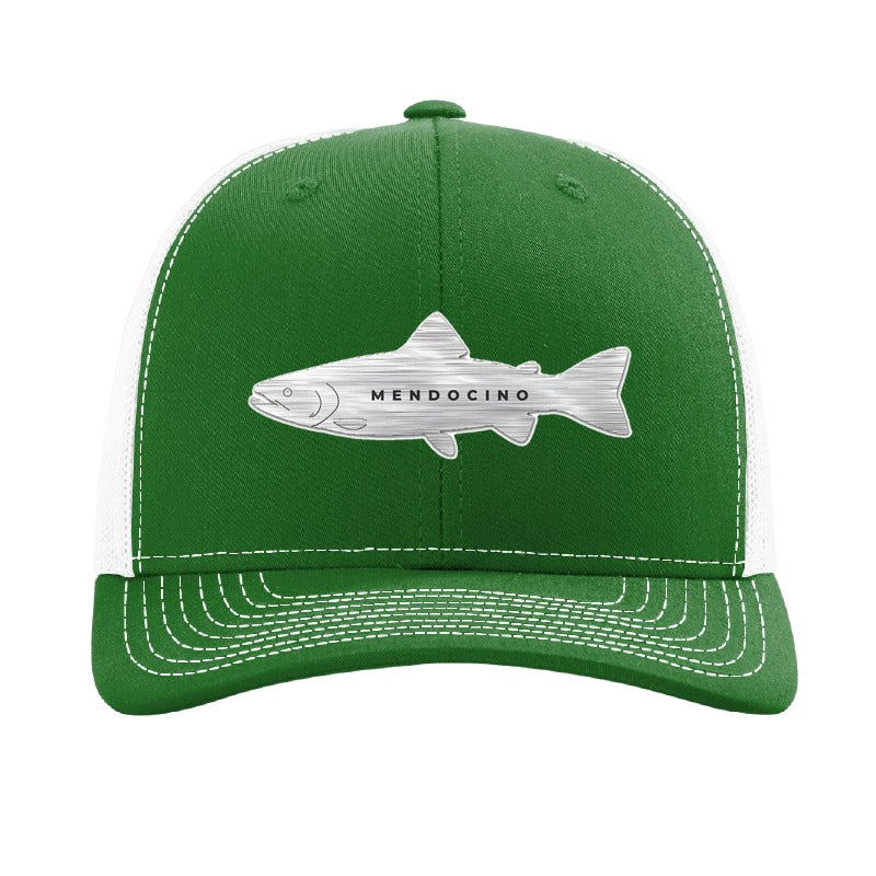 Metal salmon patch trucker hat, Mendocino coho run — Kelly Green/White