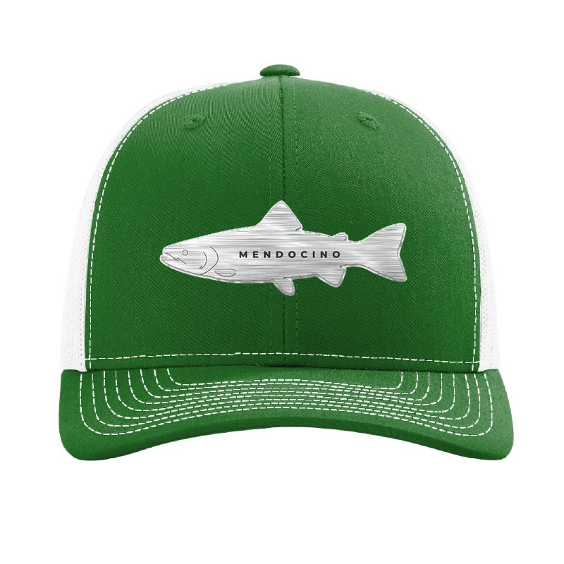 Metal salmon patch trucker hat, Mendocino coho run — Kelly Green/White