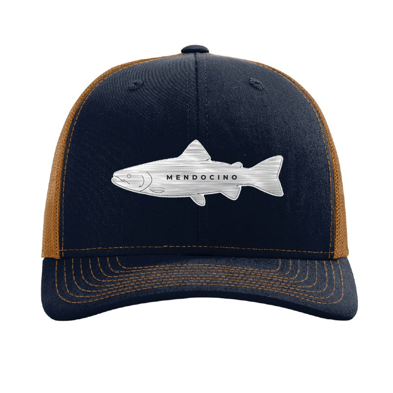 Metal salmon patch trucker hat, Mendocino coho run — Navy/Caramel
