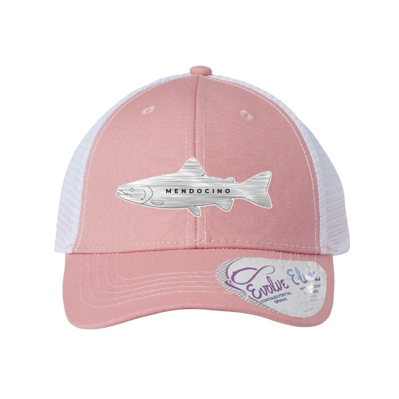 Metal salmon patch trucker hat, Mendocino coho run — Dusty Rose/White (Ponytail)