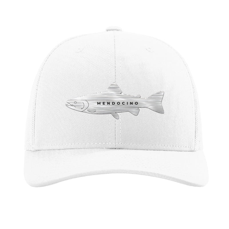 Metal salmon patch trucker hat, Mendocino coho run — White