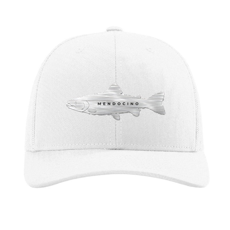 Metal salmon patch trucker hat, Mendocino coho run — White