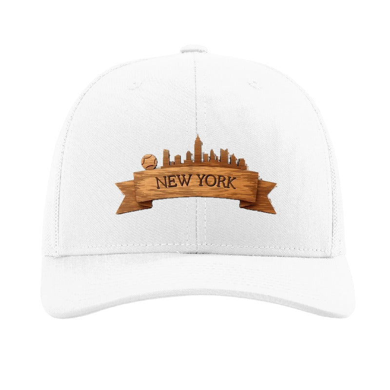 Wood tennis banner patch trucker hat, New York skyline — White