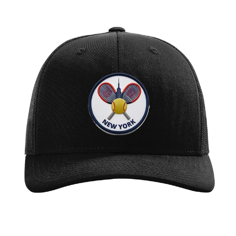 Embroidered tennis crest patch trucker hat, New York skyline — Black