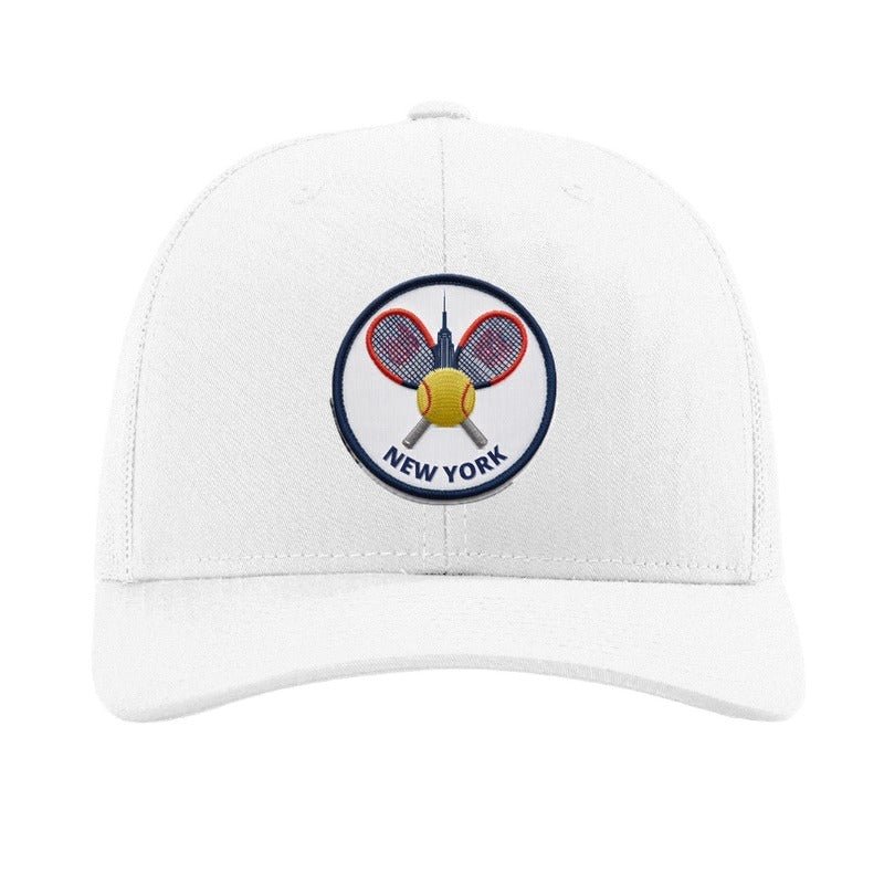 Embroidered tennis crest patch trucker hat, New York skyline — White