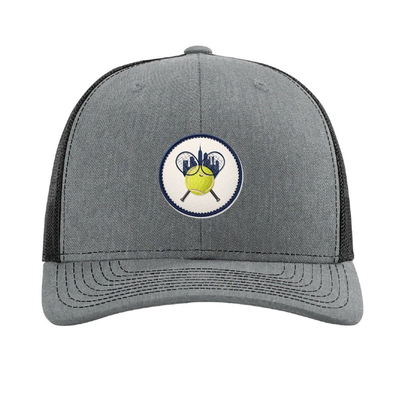 Embroidered tennis racket patch trucker hat, New York City — Heather Grey/Black