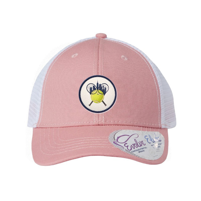 Embroidered tennis racket patch trucker hat, New York City — Dusty Rose/White (Ponytail)