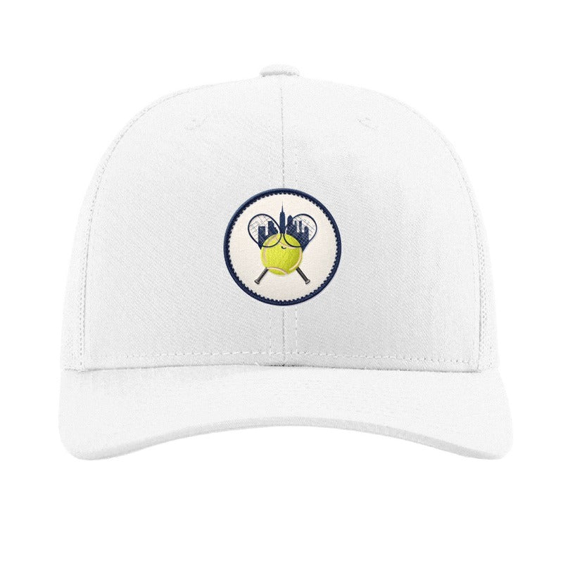 Embroidered tennis racket patch trucker hat, New York City — White